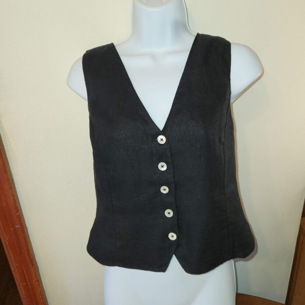 J Crew Slim Fit Black V Neck Linen Button Down Vest Size 8 Medium Women's